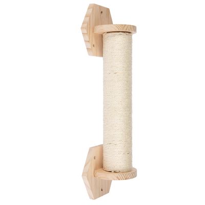 Scratching post made of wood wrapped with sisal, suitable for wall mounting.