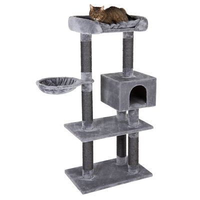 Grey cat tree with multiple levels, cave, resting areas and hanging hammock. Cat lying on top platform.
