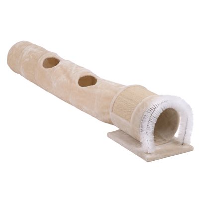 Beige tunnel with a brush entrance and side openings, shown with a cat inside to demonstrate use of the product.