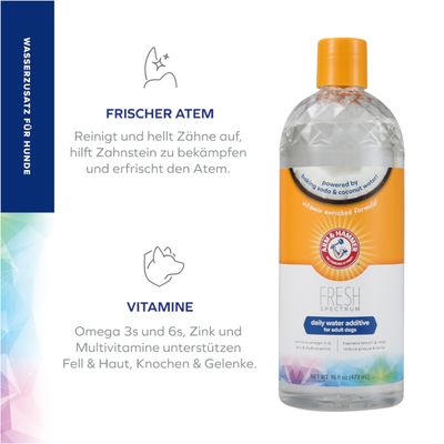 Dodatek do wody dla psów. Świeży oddech: czyści i wybiela zęby, zwalcza kamień nazębny, odświeża oddech. Witaminy: omega 3 i 6, cynk, multiwitaminy wspierają sierść, skórę, kości, stawy.