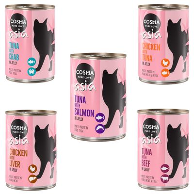 Cosma Asia macskaeledel konzerv, íz: tonhal lazaccal zselében. Multi Protein, tiszta hal. Rózsaszín csomagolás fekete macskasziluettel és hal szimbólumokkal.