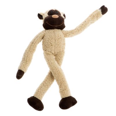 Juguete de peluche en forma de mono marrón y beige con brazos y piernas largos, apto para mascotas.