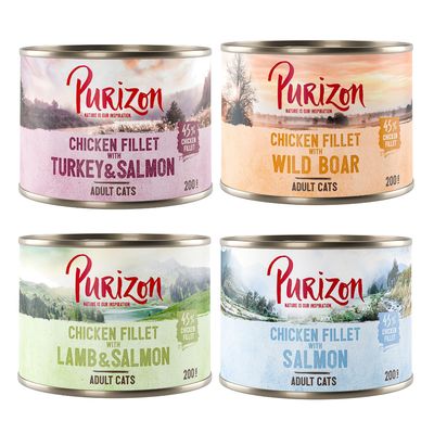 Purizon Chicken Fillet z indykiem i łososiem, 45% fileta z kurczaka, dla dorosłych kotów, puszka 200g.