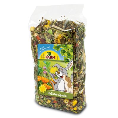 JR Farm Kräuter-Spezial, świeża mieszanka ziół z ilustracją królika i świnki morskiej. Tekst: „Frisch vom unserem Hof!”.