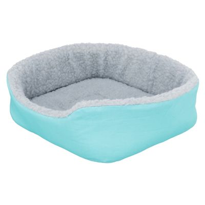 Light blue pet bed with grey, soft plush inner lining. Rectangular shape with slightly raised sides.