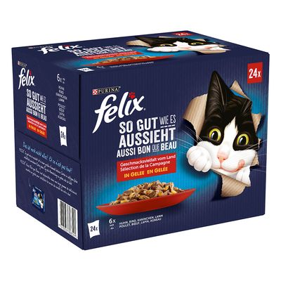 Két doboz Purina Felix So gut wie es aussieht macskaeledel, 24 adag tasakos csomagolásban, összesen 48 adag. A dobozon fekete-fehér macska képe látható.