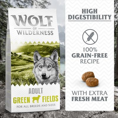 Wolf of Wilderness Adult Green Fields dla wszystkich ras i rozmiarów, wysoka strawność, 100% grain-free recipe, with extra fresh meat