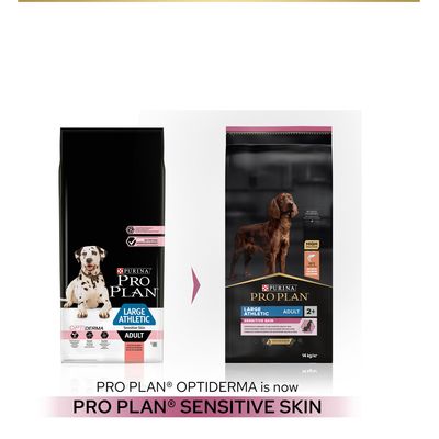 Purina Pro Plan Large Athletic Adult Sensitive Skin kutyatáp csomagolásváltás: balra régi, jobbra új design. Felirat: PRO PLAN OPTIDERMA is now PRO PLAN SENSITIVE SKIN.