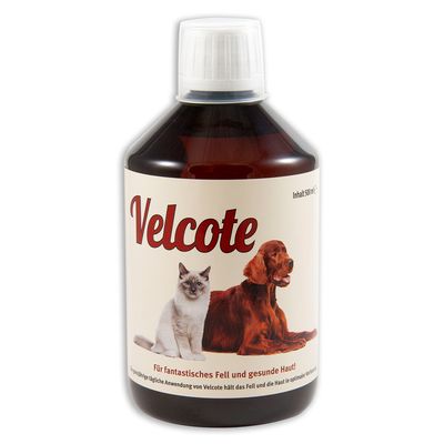 Velcote, zawartość 500 ml. Wspiera zdrową sierść i skórę przy codziennym stosowaniu.