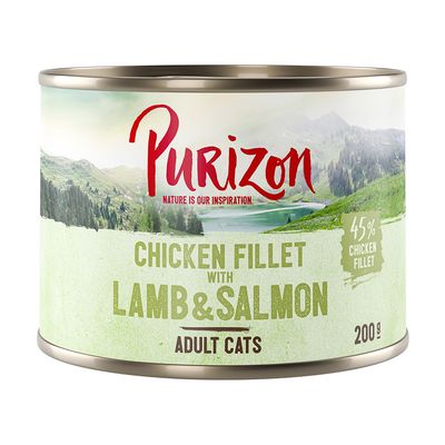 Purizon Chicken Fillet z indykiem i łososiem, 45% fileta z kurczaka, dla dorosłych kotów, puszka 200g.
