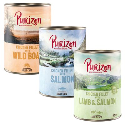 Purizon mokra karma dla dorosłych kotów, filet z kurczaka z łososiem, 45% filetu z kurczaka, opakowanie: 24x400g.