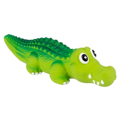 Juguete de cocodrilo verde de plástico con detalles blancos y ojos grandes, apto para mascotas.