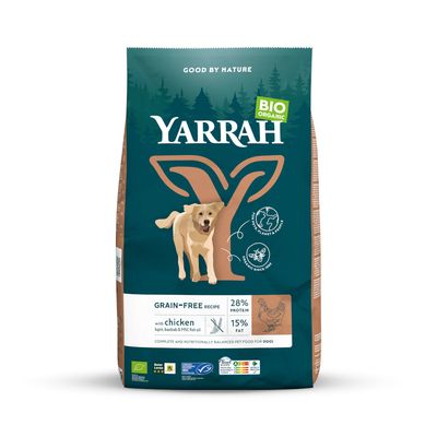 Yarrah Bio Organic gabonamentes kutyatáp csirkével, 28% fehérje, 15% zsír. Tanúsítványok: EU-Bio, PlanetProof, Vegan Society. Teljes értékű, kiegyensúlyozott eledel kutyáknak.