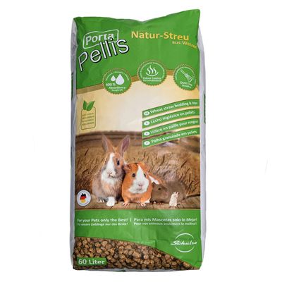 Bag of wheat straw bedding and litter, 400% absorbency, odour control, dust free, ecological, 60 litres. Text in multiple languages highlights product features.