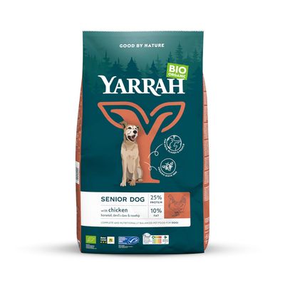 Yarrah Bio Senior Dog száraz kutyatáp csirkével, 25% fehérje, 10% zsír. Összetevők: mezei zsurló, ördögkarom, csipkebogyó. Tanúsítványok: EU-Bio, PlanetProof, állatkísérlet-mentes.