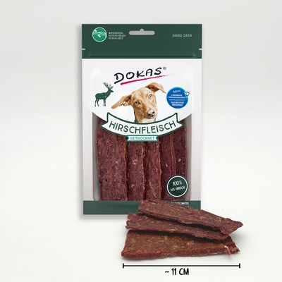 Dokas szárított szarvashús, 100% szarvasból, visszazárható csomagolás, darabméret kb. 11 cm.