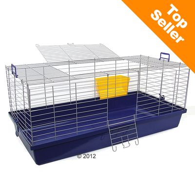 Kisállatketrec fémrácsos oldalakkal, kék műanyag aljjal és sárga tartozékokkal. Narancssárga sarokban 'Top Seller' felirat.