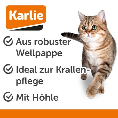 Katzenhöhle in Form eines Retro-Fernsehers aus Pappe mit Holzoptik und Kratzfläche im Inneren.