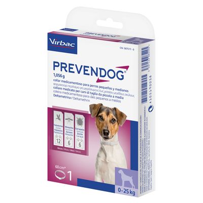 Virbac PREVENDOG collar medicamentoso para perros pequeños y medianos, 1.056 g, 60 cm, 1 unidad, para perros de 0–25 kg. Deltametrina. Protección contra flebotomos, mosquitos y garrapatas.
