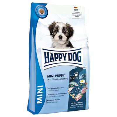 Happy Dog Mini Puppy szárazeledel kutyáknak 10 kg-ig. Búzamentes receptúra, támogatja az immunrendszert, optimális növekedés. Németországban készült, tartósítószer hozzáadása nélkül.