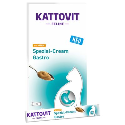 Kattovit Feline Spezial-Cream Gastro con pollo, nuevo, paquete de 6 porciones. En la imagen: crema en cuchara y silueta de un gato.