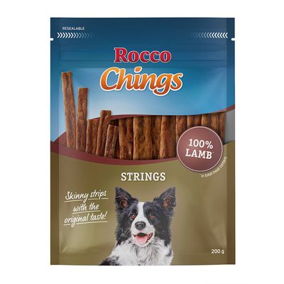 Rocco Chings Strings, 100% pulyka, vékony csíkok eredeti ízzel, 200 g, csomagolás kutyaképpel.