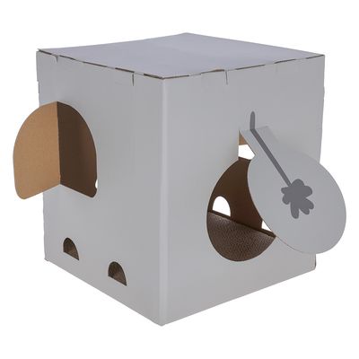 Kartonhaus mit mehreren Eingängen und Spielöffnung, aus weissem Karton mit grauem Design. Geeignet als Spiel- oder Versteckmöglichkeit.