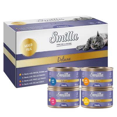Smilla Deluxe zestaw mieszany karmy dla kotów, 4 smaki: kurczak, indyk, cielęcina, tuńczyk. Widoczne opakowanie i 4 puszki po 85g.