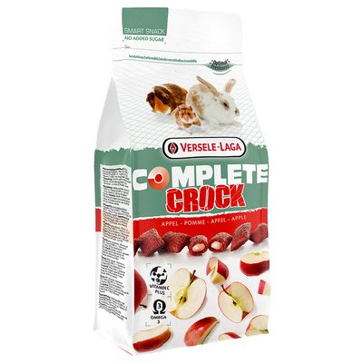 Versele-Laga Complete Crock Karotte. Przekąska bez dodatku cukru, z witaminą C Plus i Omega 3. Opakowanie z obrazkami królika, świnki morskiej i kawałków marchewki.