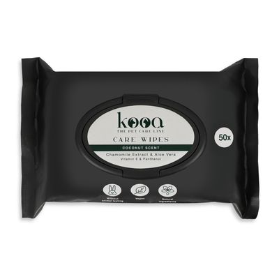kooa Care Wipes kókusz illattal, kamilla kivonattal, aloe verával, E-vitaminnal és panthenollal. 50 darab, vegán, állatkísérlet-mentes, természetes összetevők.