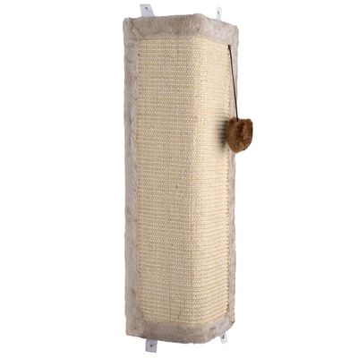 Scratching board with sisal surface, beige plush edge and hanging brown toy. Rectangular shape for wall mounting.