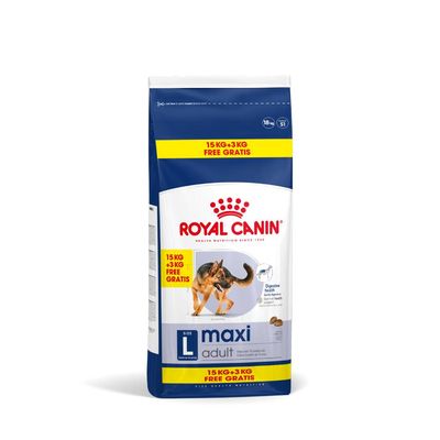Royal Canin Maxi Adult, 15 kg + 3 kg ingyen, nagytestű kutyáknak 15 hónapos kortól, támogatja az emésztés egészségét.
