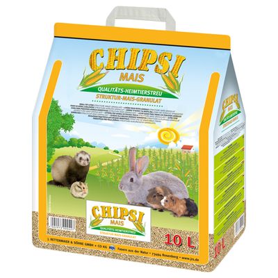 CHIPSI MAIS, QUALITÄTS-HEIMTIERSTREU, STRUKTUR-MAIS-GRANULAT, envase de 10 L con imágenes de conejo, cobayas, hámster y hurón en el paquete.
