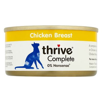 thrive Complete Chicken Breast 24 x 75g tins, yellow and white packaging with blue cat silhouette, visible text: 0% Nonsense