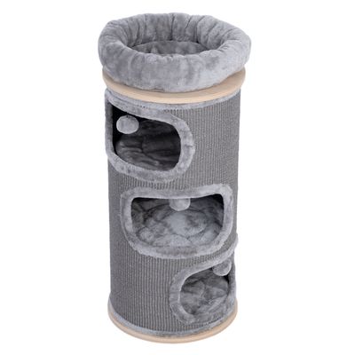 Grey cylindrical scratching post with three caves and a padded top lying surface, covered with soft fabric.
