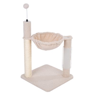 Cat tree with beige fabric, hammock, sisal scratching post and brush attachment. Integrated toy with ball on spring.