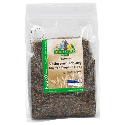 Hugro Bird Care Premium volierakeverék trópusi madaraknak, nettó tömeg 1 300 g, Németországban készült, Günter Langer, 50 éve madáreleség-szakértő fejlesztése.