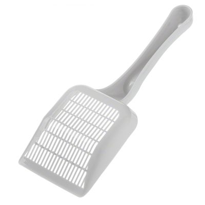 Bijela plastična lopatica s rešetkastim dizajnom za čišćenje mačjih WC-a.
