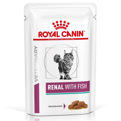 Royal Canin Veterinary Renal mit Fisch, dünne Scheiben in Sosse. Verpackung zeigt eine Katze und Produktabbildung.