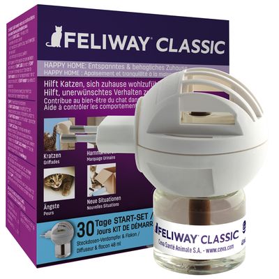 Feliway Classic isparivač za utičnicu i bočica, startni set za 30 dana. Pomaže mačkama kod grebanja, obilježavanja urinom, straha i novih situacija za opućen dom.