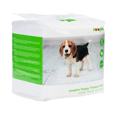 zooplus Puppy Trainer Pads, L méret: 60 x 45 cm, 30 darab. Csomagolás zöld szimbólumokkal: nedvszívó, szagtalan, puha.