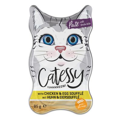 Catessy Yummmmeow! Pate with tender bites, with chicken & egg soufflé, 85 g, grain-free recipe. Macska alakú csomagolás.