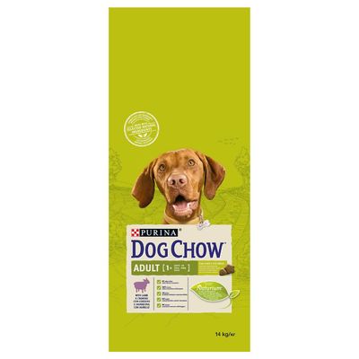 Purina Dog Chow Adult 1+ báránnyal, Natrium Formula, 14 kg/kutyaeledel csomagolás látható. Főbb információk: felnőtt kutyáknak, bárányhúsos változat.