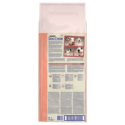 Parte trasera del saco de pienso Purina Dog Chow, texto informativo y fotos de perros en la etiqueta. Peso visible: 14 kg.