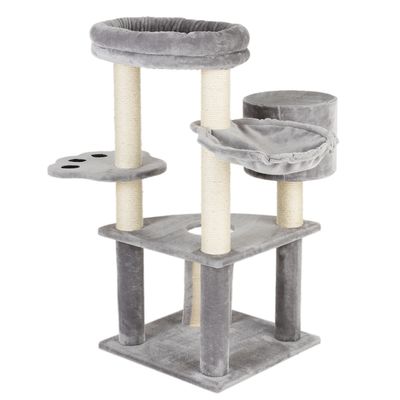 Grey cat tree with multiple levels, sisal posts, padded lying surface, hammock and cave. Ideal for climbing and resting areas.