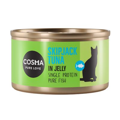 Cosma Pure Love csirkemell zselében, egyféle fehérje, tiszta hús. Zöld címke fekete macska sziluettel és csirke szimbólummal.