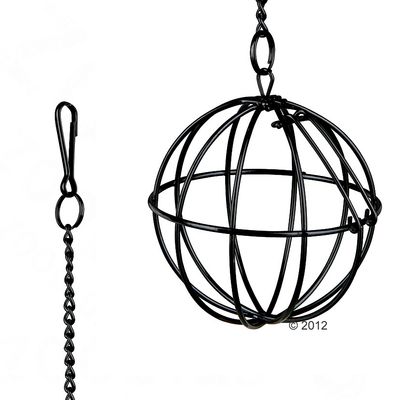 Bola de alimentación de metal negra con cadena y gancho para colgar, apta para comida o juguetes.