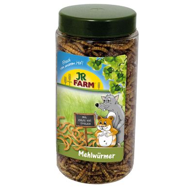 JR Farm mączniki, świeże z gospodarstwa, z dodatkową ilością białka. Opakowanie przedstawia rysunkowe zwierzęta i mączniki.