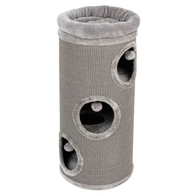 Cat tree in cylindrical shape with three openings, beige plush padding and play balls. Colour options: beige, grey, black.