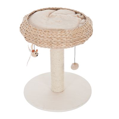 Raised woven basket with soft cushion, supported by a sisal-wrapped post on a round base. Two hanging toys are attached beneath the basket.